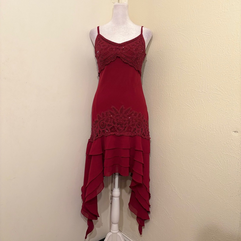 Burgundy Red Silk Blend Crochet Lace Beaded Ruffle Handkerchief Hem Dress L